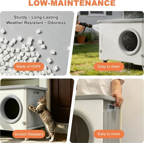 Vista 8 de Casa para gatos al aire libre, resistente a la intemperie, refugio para gatos con puerta de escape y solapa de puerta de PET, apilable elevado