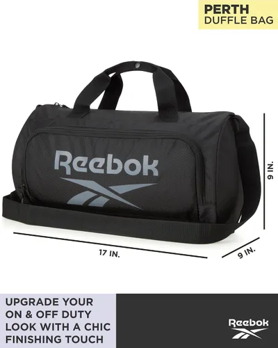 Vista 2 de Reebok Bolsa de lona Perth Sports Gym Bag Ligero de mano en fin de semana para viajes y playa, yoga, negro, gris (Black with Grey Logo)