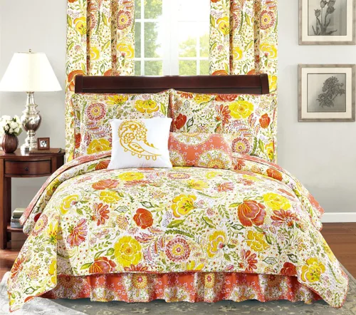 Vista 3 de All American Collection - Juego de edredón reversible con volantes antipolvo, flores Turquesa/Marrón