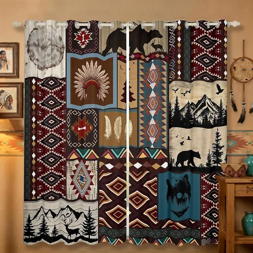 Vista 52 de Cortinas opacas de estilo bohemio occidental de 76 x 45 pulgadas, cortinas y cortinas de atrapasueños de vaca, cortinas del suroeste, cortinas