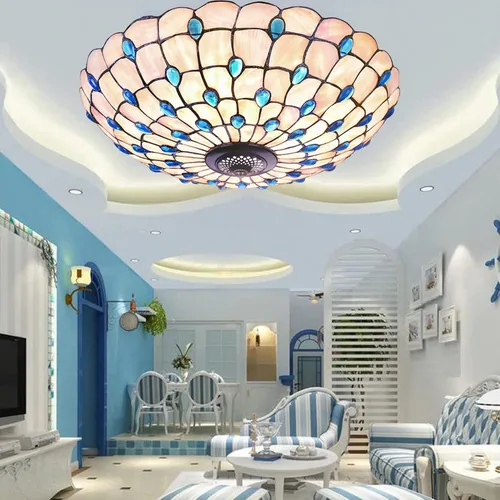 Vista 8 de Tiffany - Lámpara de techo de montaje empotrado, lámpara de techo LED de vitral, hecha a mano con cuentas de vidrio de colores azules