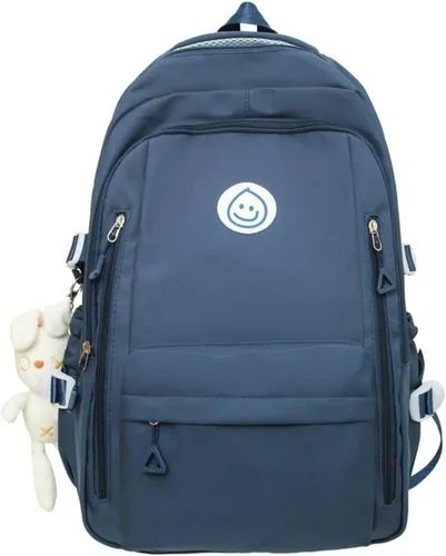 Vista 4 de Mochila preppy con bonito colgante para mujer, mochila para laptop con cara sonriente, mochila kawaii ligera y estética universitaria, Negro