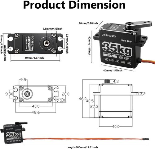 Vista 4 de GOTECK - Servo digital sin núcleo de 77.2 lbs, gran par de 8.4 V, engranaje de metal completo IP67, servo de dirección impermeable con servo bocina