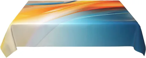 Vista 6 de Mantel rectangular moderno con diseño de arte fluido, naranja, azul, degradado, poliéster, impermeable, reutilizable, patrón abstracto de ondas