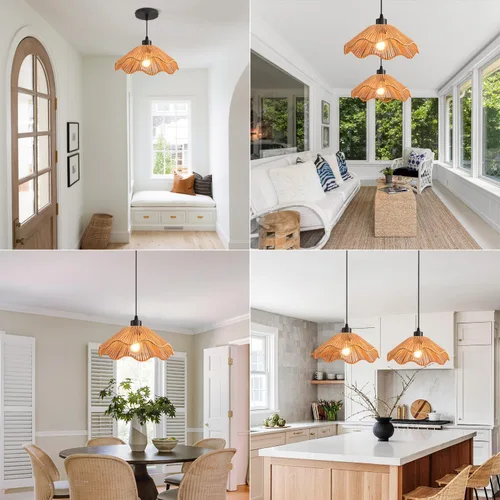 Vista 4 de 3 Pack Brown Woven Pendant Light Fixtures,11.81" Rattan Pendant Lights Farmhouse Basket Light Fixture Adjustable Boho Hanging Lamp for Kitchen