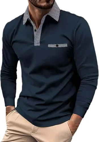 Vista 36 de Polo de manga larga para hombre, diseño casual de algodón con bolsillo, cuello clásico con botón para golf