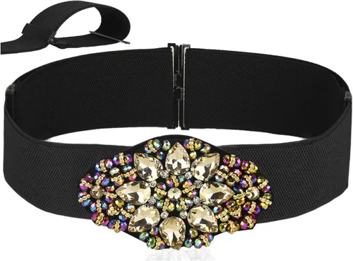 Vista 9 de Beaded Rhinestone Belt Wide Stretchy Belt for Women Dresses Negro