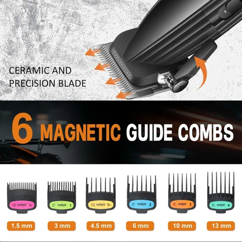 Vista 6 de VGR 889C - Cortadora de pelo profesional para hombres, 9000 rpm, inalámbrica, con cuchillas de cerámica y MIM, 6 peines guía magnéticos, pantalla