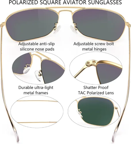 Vista 4 de IOHLNG Lentes de sol cuadrados de aviador para mujeres y hombres, polarizados, militares, cuadrados, clásicos, vintage, de metal