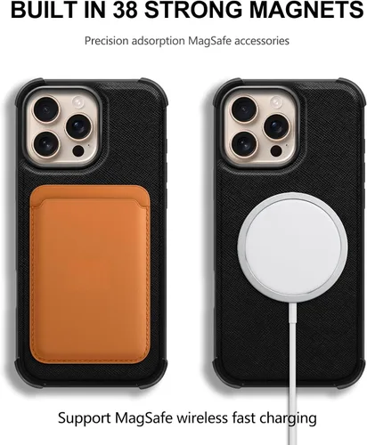 Vista 5 de Funda de cuero compatible con iPhone 16 Pro Max Cartera 6.9", cuero genuino 2 en 1, magnética, desmontable, a prueba de golpes, funda tipo folio