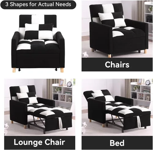 Vista 3 de Silla de dormir, sofá cama individual convertible con almohada, cama extraíble con respaldo ajustable, silla de salón multifuncional con tela