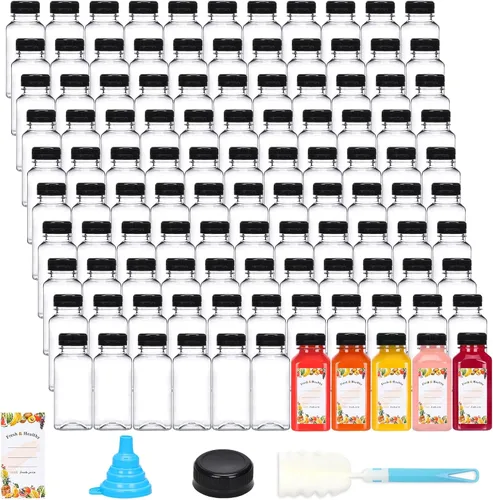 Vista 10 de Moretoes - 144 unidades de botellas de chupito de plástico de 4 onzas con tapas, botellas reutilizables para shots de jengibre, recipientes de jugo
