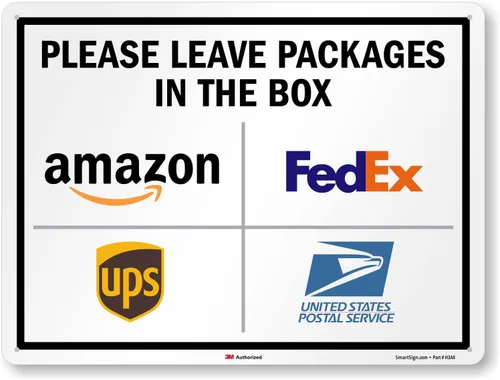 Vista 15 de SmartSign 7 x 10 pulgadas "Por favor, deje los paquetes en la caja - Amazon, FedEx, UPS, USPS" Letrero de instrucciones de entrega de metal