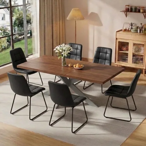 Vista 19 de 6-Piece Extendable Dining Table Set, Modern 63''–79'' Grey Wood Table with 6 Grey Fabric Chairs, Dining Room Table and Chairs for 6, Ideal for 1