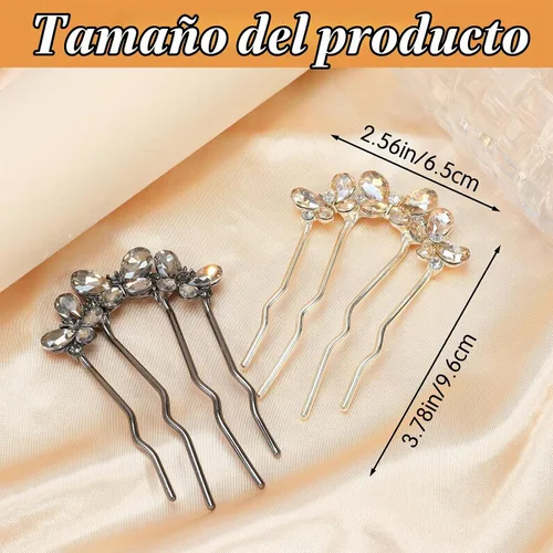 Vista 2 de 2 horquillas en forma de U, horquillas francesas, perlas, en forma de U, para moños, perlas, para mujeres, oro/negro, 3.78 x 2.56 pulgadas