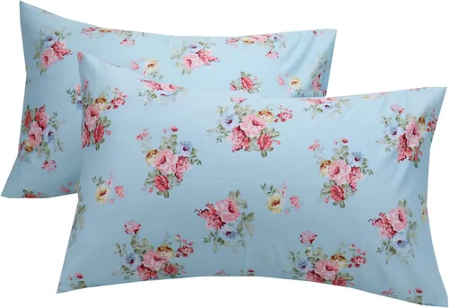 Vista 7 de Juego de 2 fundas de almohada de algodón azul suave, fundas de almohada de tamaño Queen con estampado floral con cierre de sobre, 20 x 30 pulgadas 10
