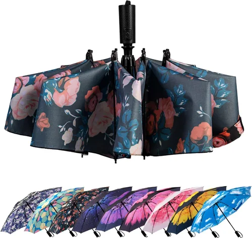 Vista 25 de LANBRELLA Paraguas plegable inverso compacto paraguas de viaje a prueba de viento automático