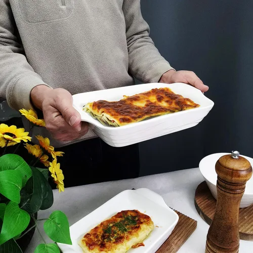 Vista 3 de Plato para hornear de 8 x 5 pulgadas, bandeja para lasaña, bandeja rectangular para hornear de 18 onzas, plato de cerámica con asas (9.8 pulgadas)