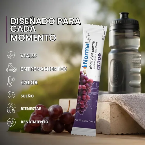 Vista 3 de NormaLyte Uva - Paquetes de polvo de electrolitos Mezcla de bebidas electrolíticas clínicamente estudiada 6 barras de hidratación efectivas