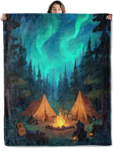 Vista 7 de Manta de franela suave y acogedora con diseño de campista Happy Campfire y Forest Tent Impreso Fondo negro para amantes del aire libre, dormitorio
