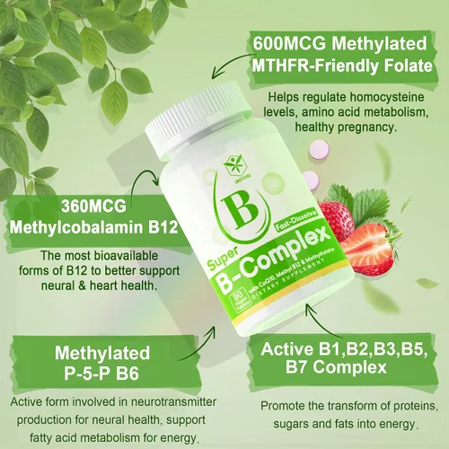 Vista 3 de Complejo de vitamina B sin azúcar con metil B12, metilfolato, B6, B1, B2, B3, suplemento de complejo B metilado de disolución rápida altamente