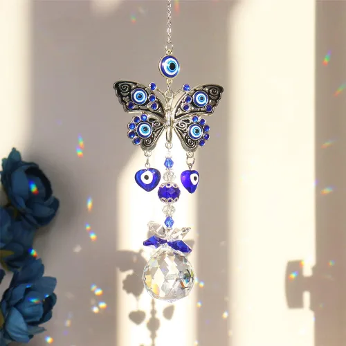 Vista 4 de Atrapasoles azul colgante luz sombra jardín decoración campanillas de viento de cristal arco iris jardín colección sol bola cristal cortina