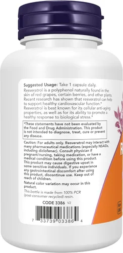 Vista 3 de NOW Foods Suplementos, Resveratrol de Fuerza Extra 350mg, Resveratrol Trans Natural de 700 mg de Extracto de Fallopia japonica, 60 Cápsulas Vegetales