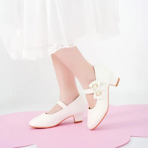 Vista 3 de Dufannie Zapatos de vestir para niñas, zapatos de tacón bajo de princesa, zapatos planos con purpurina para bodas y fiestas