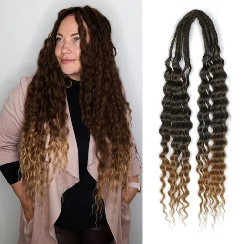 Vista 44 de Extensiones de rastas trenzadas bohemias de 24 pulgadas, 10 hebras de rastas sintéticas rizadas color marrón degradado con trenza de caja, rastas