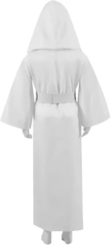 Vista 4 de Disfraz de princesa Leia para niñas vestido blanco con capucha para niños traje de lujo con cinturón para disfraz de Halloween