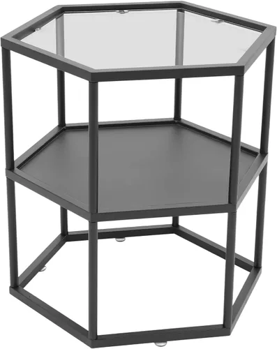 Vista 5 de Mesa auxiliar geométrica negra, mesa auxiliar de metal de 2 niveles con panel de vidrio, mesa auxiliar moderna y simple con estante