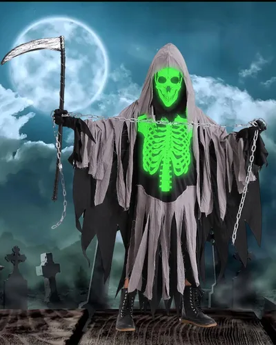 Vista 4 de Disfraz de parca de Halloween para niños, disfraz de esqueleto blanco oscuro con accesorios para cosplay de la parca de calavera