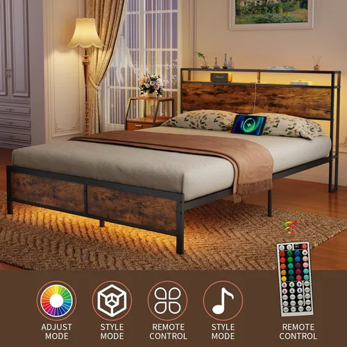 Vista 7 de Marco de cama industrial moderno con luces LED, estación de carga de cabecera de almacenamiento de 2 niveles, salidas de plataforma de metal