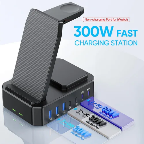 Vista 4 de Estación de carga de 300W para múltiples dispositivos Apple, cargador inalámbrico 10 en 1 para iPhone, soporte de carga rápida PD 65W USB C GaN III