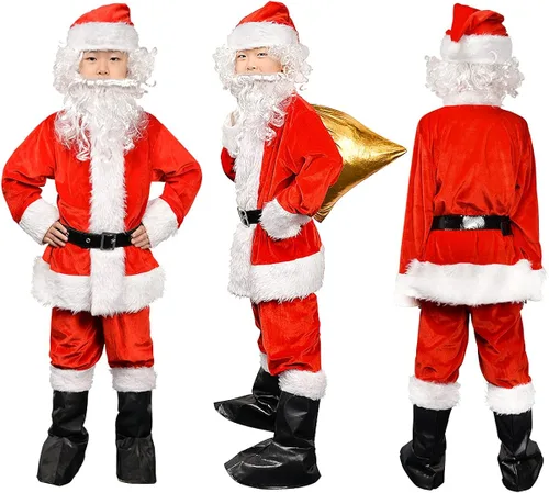 Vista 4 de KLLOUZE Disfraz de Papá Noel para niños, disfraz de Papá Noel de lujo para Navidad, disfraz de fiesta de cosplay para niños y niños, 9 piezas