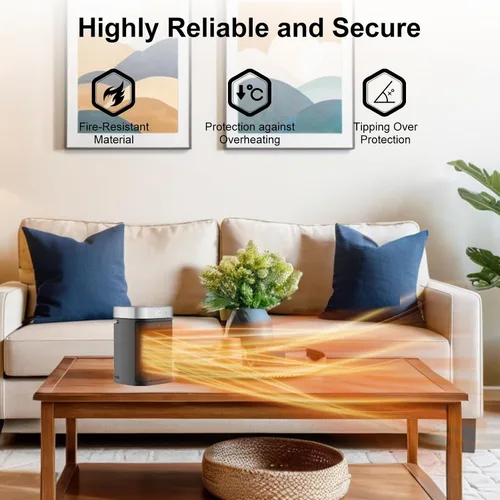 Vista 3 de Calentador de espacio portátil pequeño para uso en interiores, calentador eléctrico VOCRS PTC de 1500 W con termostato, control remoto, temporizador