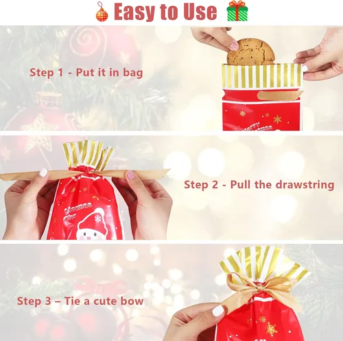 Vista 4 de Heniho 60 bolsas de golosinas de Navidad, 4 x 6 pulgadas con cordón, bolsas de galletas para dulces, regalos de fiesta