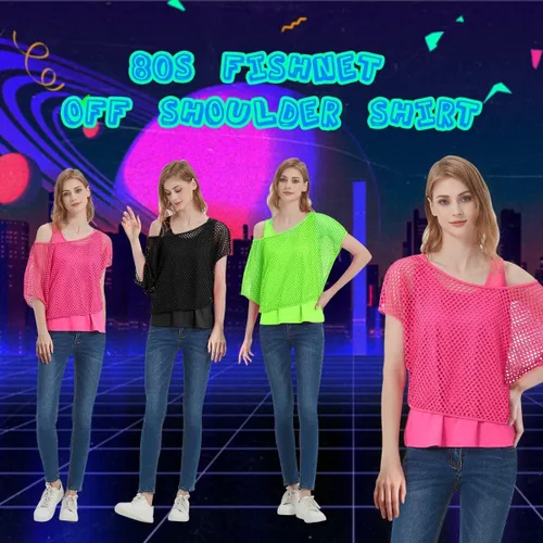 Vista 5 de WILDPARTY Camiseta casual sexy con hombros descubiertos para mujer, traje de los años 80 y 90, disfraz de los años 80, camisa de neón de red, camisa