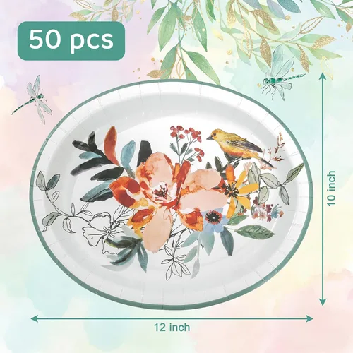Vista 5 de WDF Paquete de 50 platos florales ovalados de papel, platos llanos desechables grandes de 10 x 12 pulgadas, platos desechables florales