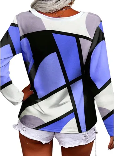 Vista 4 de Camiseta de verano para mujer, con estampado gráfico geométrico, bloque de color, a la moda, camiseta de moda con cuello en V y cuerda cruzada