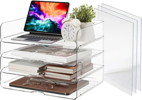 Vista 8 de DCA Organizador de escritorio transparente de 4 niveles, bandeja de papel apilable, soporte de archivo acrílico, organizador de papel para oficina