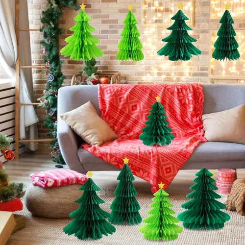 Vista 3 de 6 piezas de árbol de Navidad de panal, tres tamaños de papel 3D de Navidad colgantes para decoración de árbol de Navidad, suministros de fiesta