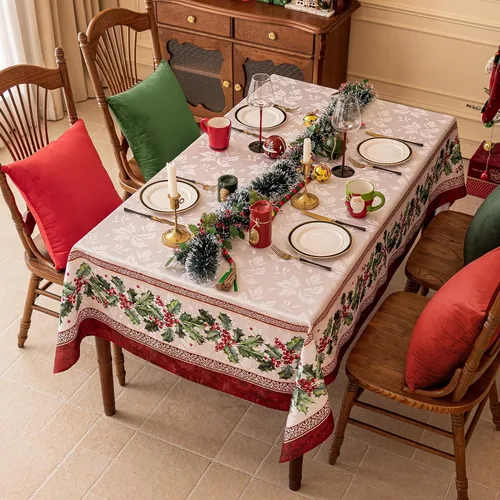 Vista 3 de Softalker Mantel Cuadrado de Jacquard Navideño, Mantel Impermeable Vintage de Invierno con Acebo, Cubierta de Mesa de Tela Estilo Granja Navideña