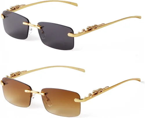 Vista 11 de Rimless Sunglasses for Men Women Small Narrow Rectangle Sunglasses 2 piezas: azul degradado+marrón degradado