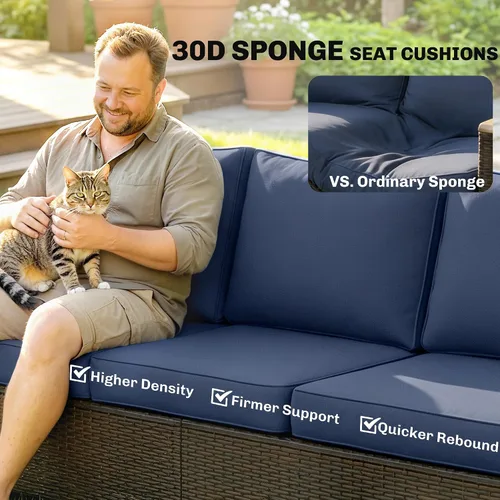 Vista 11 de Outsunny Sofá de 3 plazas para exteriores, sofá de mimbre PE para patio con asientos profundos amplios, cojines de espuma de 4 pulgadas Beige