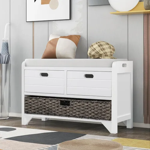 Vista 11 de SOFTSEA Banco de Almacenamiento Tapizado, Otomana de Almacenamiento con Cesta Removible y 2 Cajones, Banco de Zapatos de Estilo Granja con Cojín