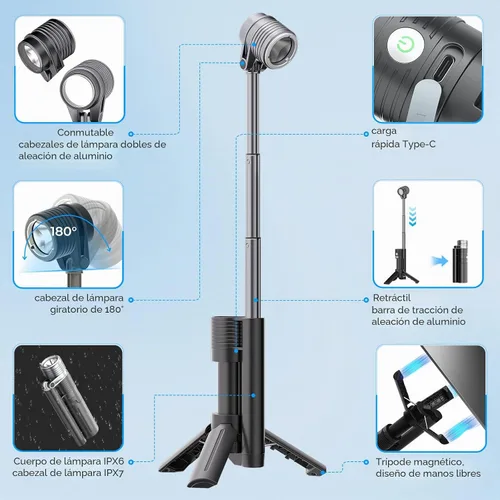 Vista 5 de Linterna AsFrost de 2 en 1 para acampar, lámpara doble con rotación de 180°, 8 modos, recargable, LED, luz brillante, linterna de campamento, luz
