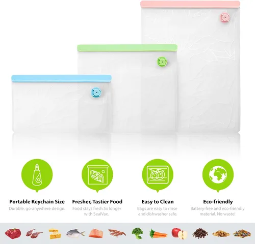 Vista 6 de Bolsas reutilizables de sellado al vacío, paquete de 6 – Bolsas de vacío y congelador sin BPA con sellador al vacío de mano más pequeño del mundo