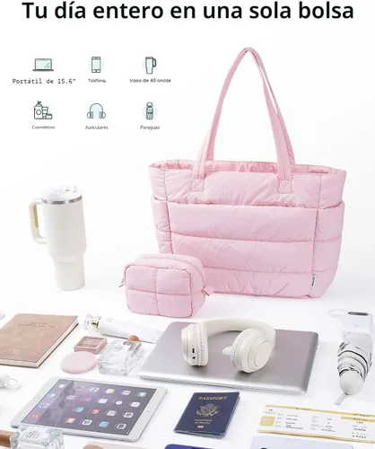 Vista 6 de Narwey Bolsa de mano acolchada de nailon para mujer, bolsa de mano Rosa