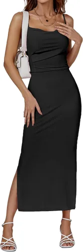Vista 2 de LYANER Vestido midi de fiesta con tirantes delgados y abertura dividida sin mangas, cuello en V y cremallera